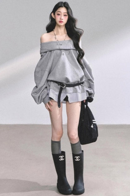 One Shoulder Grayscale Sweatshirt Dress