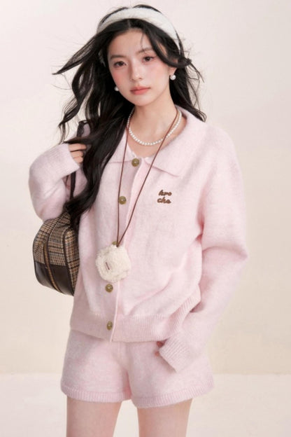 Velvet Contrast Lapel Cardigan Set-Up