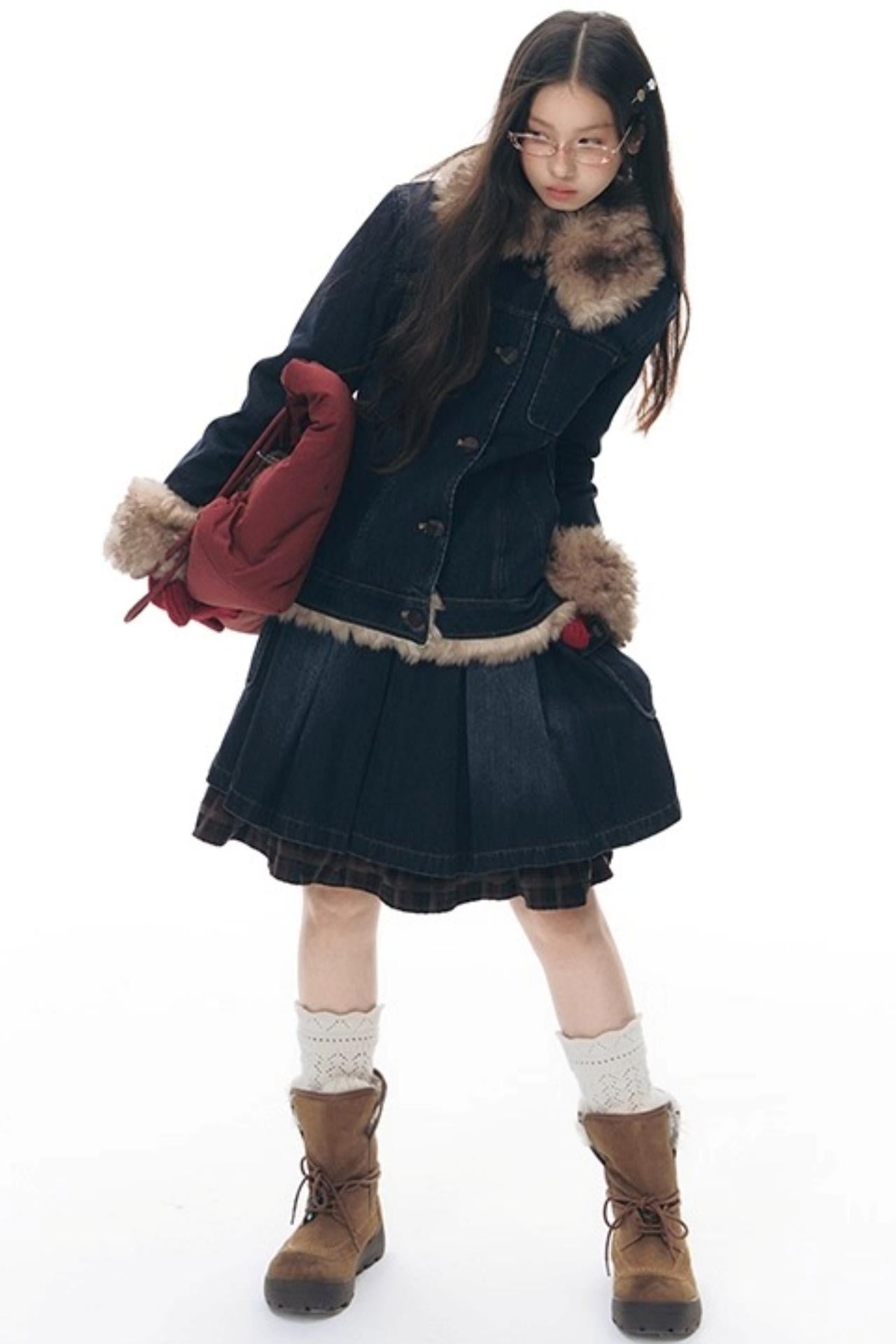 Patchwork Red Plaid Denim Skirt