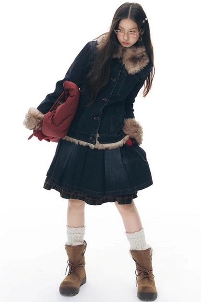 Patchwork Red Plaid Denim Skirt