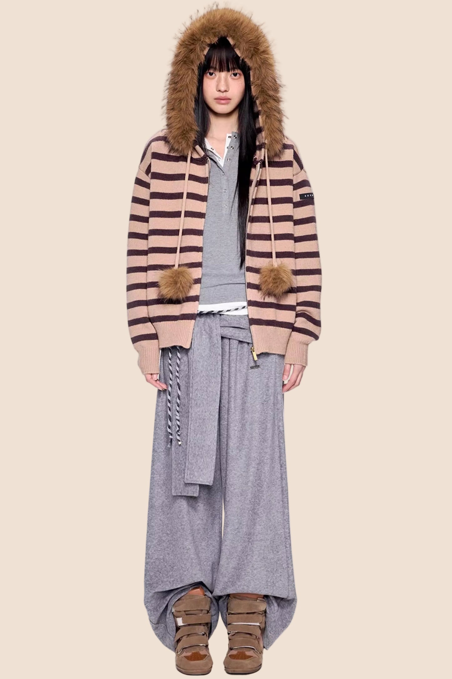 Fur Collar Striped Knit Cardigan