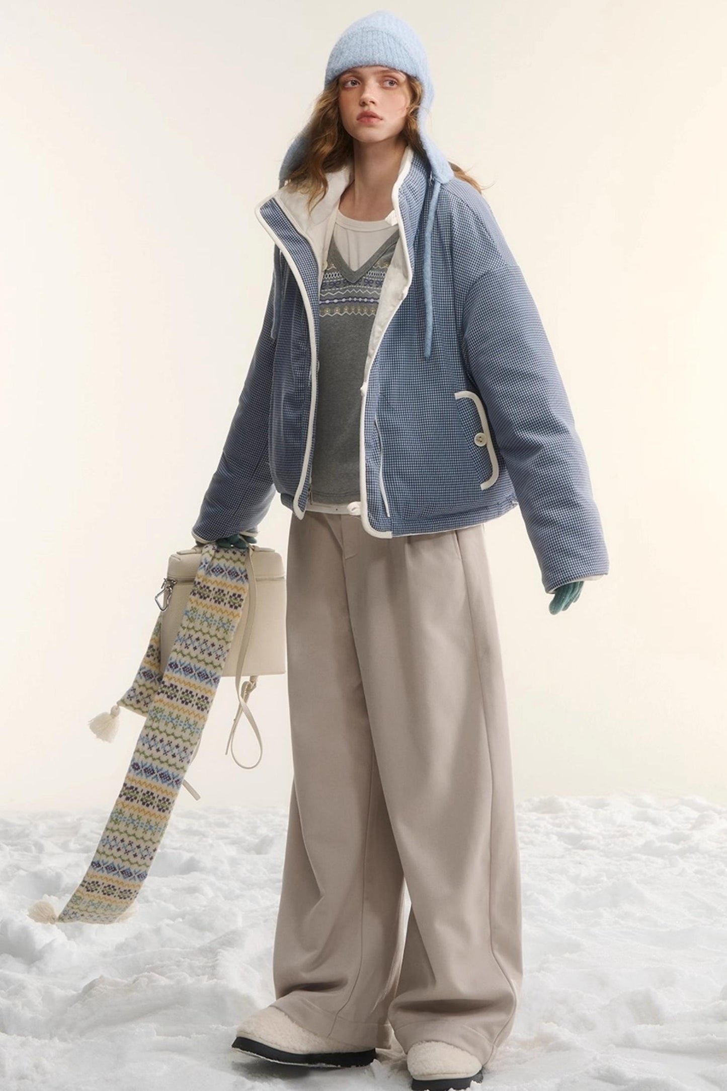 Plaid Fleece-Lined Wide-Leg Pants