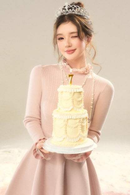 Lace High-Neck Knitted Dress