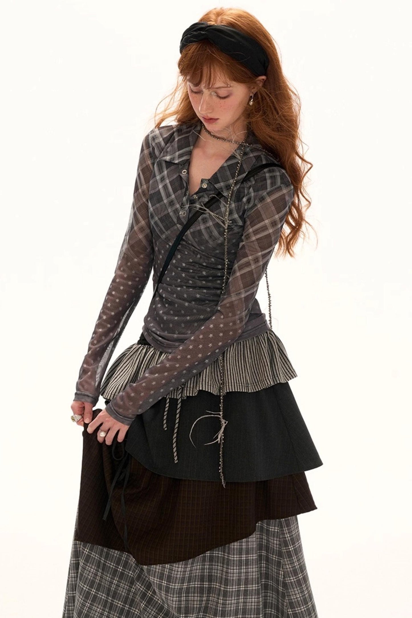 Luxury Slim Plaid Mesh Tee