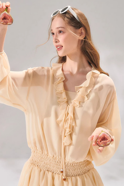 Ensemble robe en mousseline à volants et perles