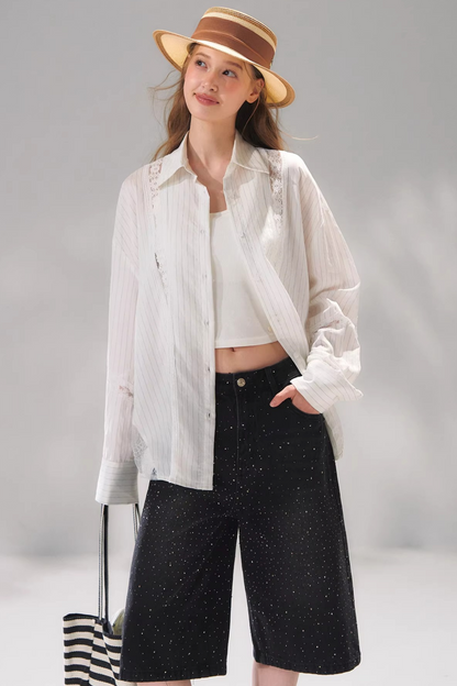 Striped Lace Embroidered Cardigan Set-Up
