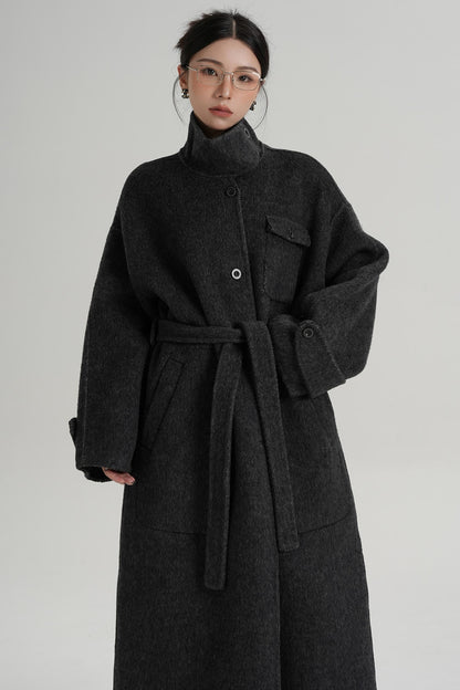 Temperament Design Color-Blocking Woolen Coat