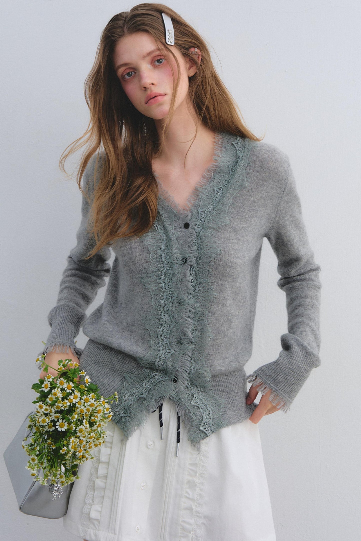 Wool Lace V-Neck Knit Top