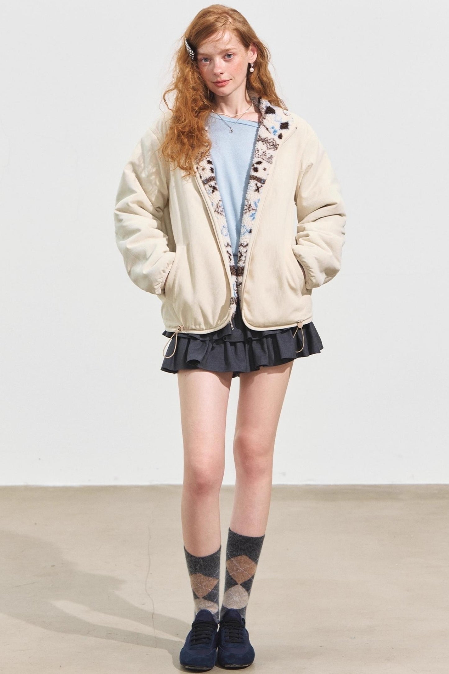 Fleece Jacquard Stand-Up Collar Coat