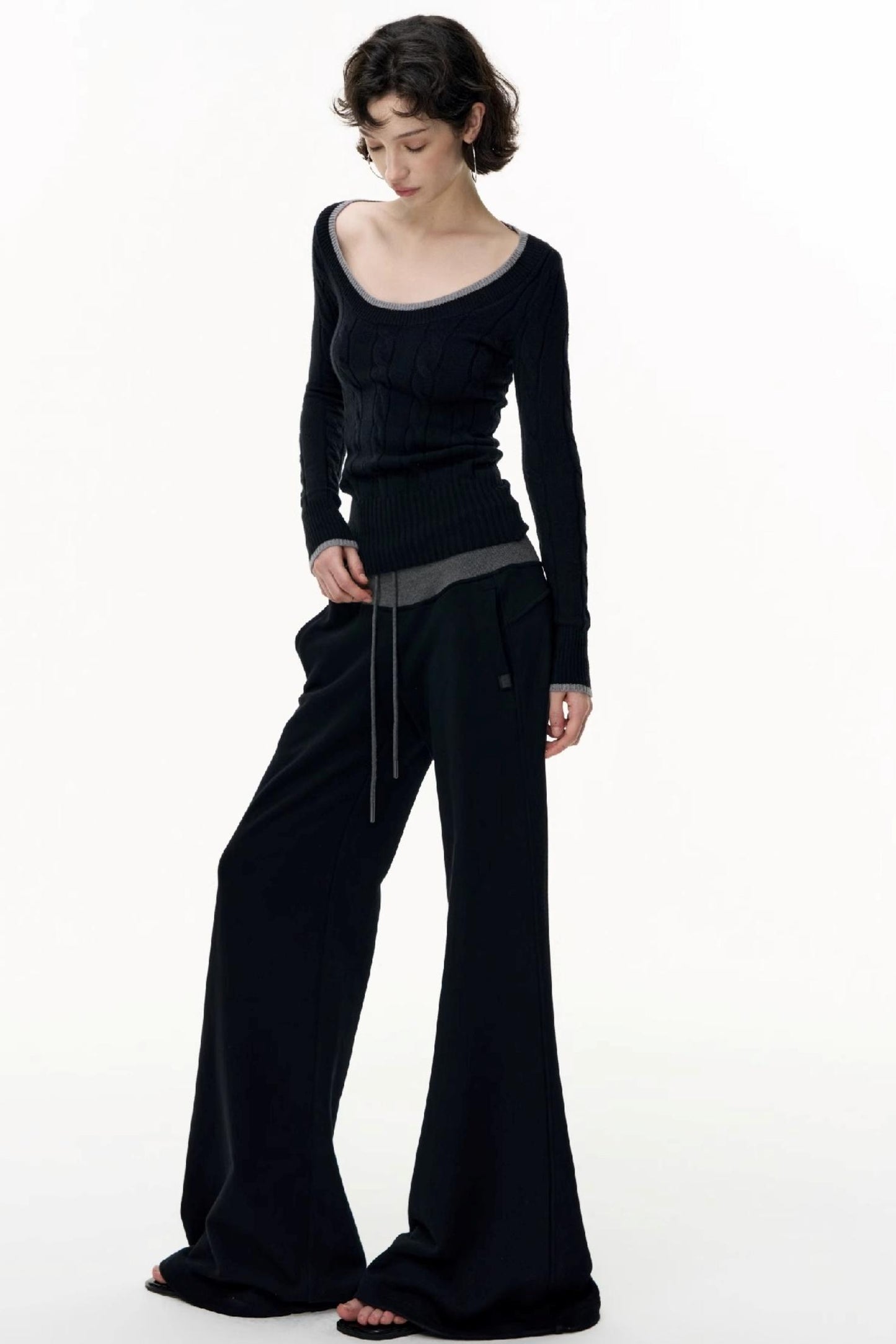 Drawstring Cotton Flared Sweatshirt Slacks