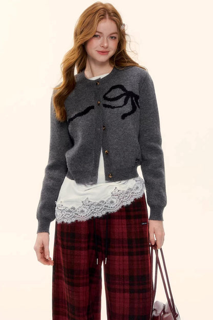 Bow Jacquard Cardigan Sweater