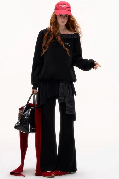 Asymmetrical Striped Ruffle Sweatshirt