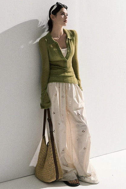 V-Neck Long Sleeve Wool Knit Top