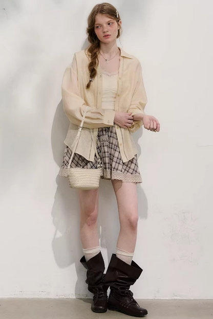 Plaid Lace Pleated Skirt