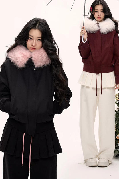 Burgundy Black Fur Collar Coat Set-Up