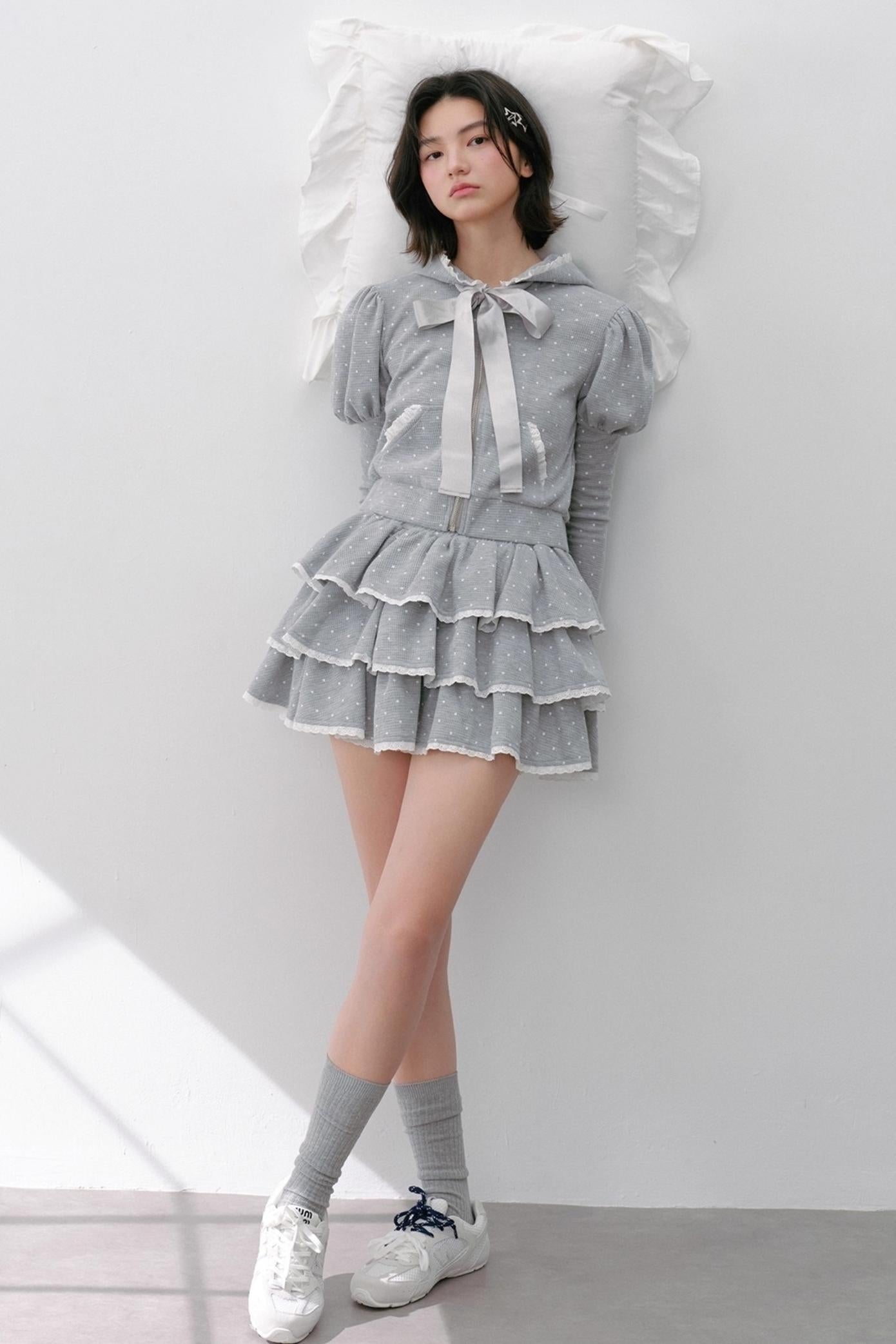 Hooded Polka Dot Tracksuit Skirt Set-Up