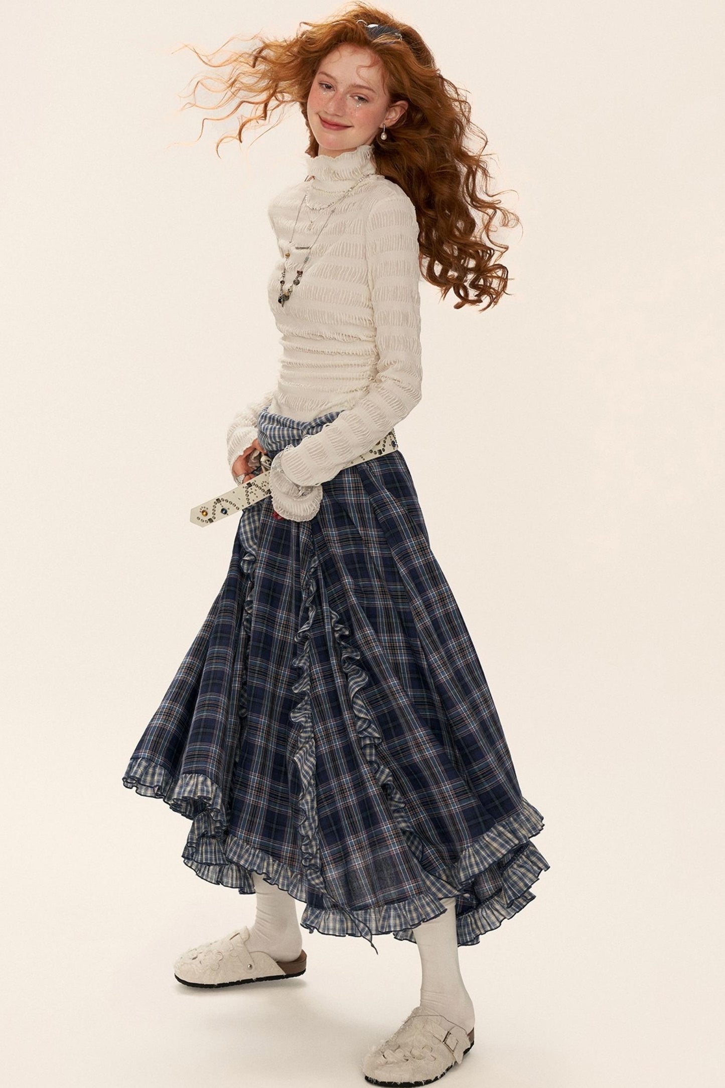 High-Neck Knitted Striped Slimming Shirt