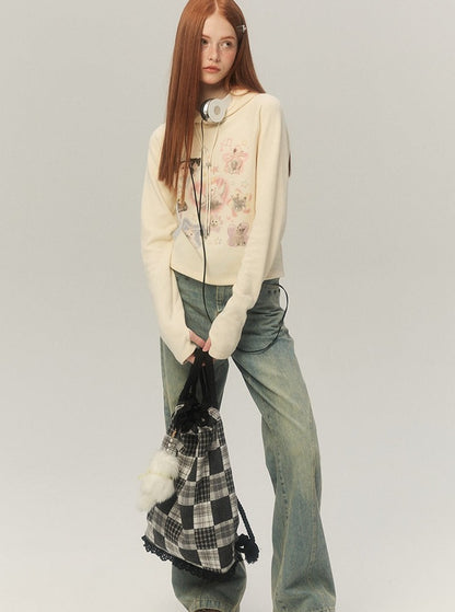 short hooded long-sleeved printed tops