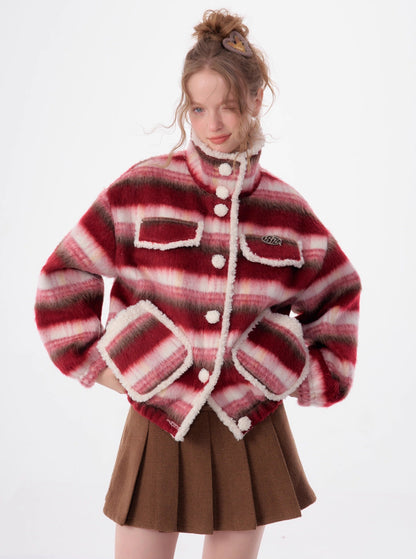 American lamb wool collar striped woolen coat