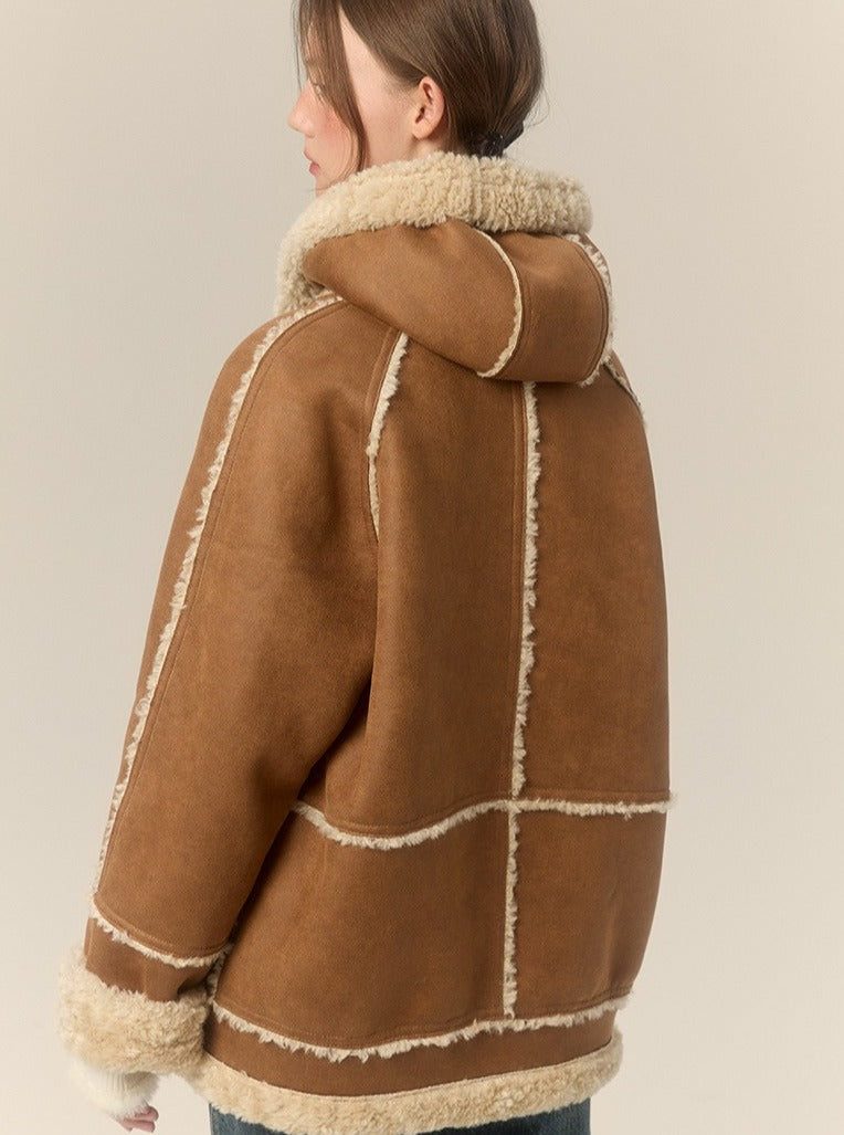 Hooded Horn Buckle Fur Jacket