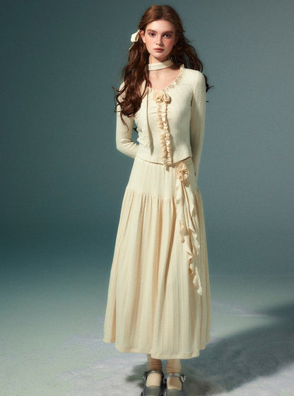 Long-sleeved pleated maxi skirt set