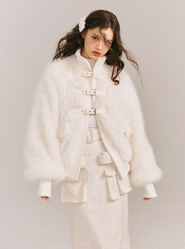 Leather Buckle Wrapping Loose Fur Jacket