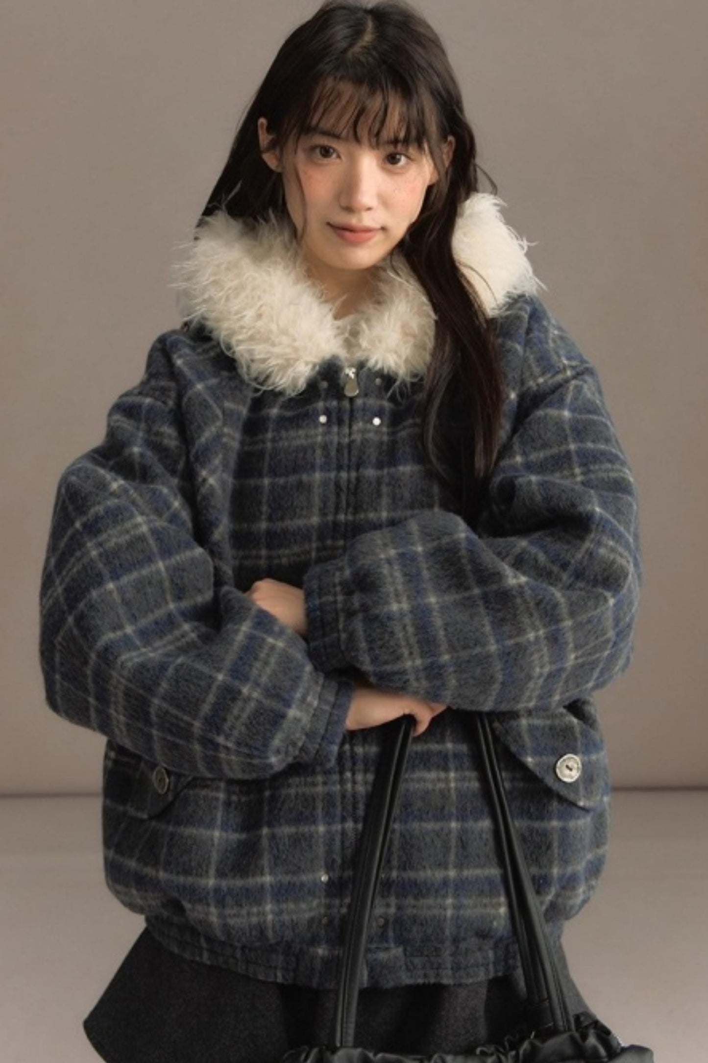 Elk Fur Collar Plaid Woolen Jacket