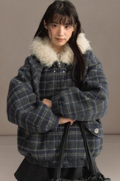 Elk Fur Collar Plaid Woolen Jacket