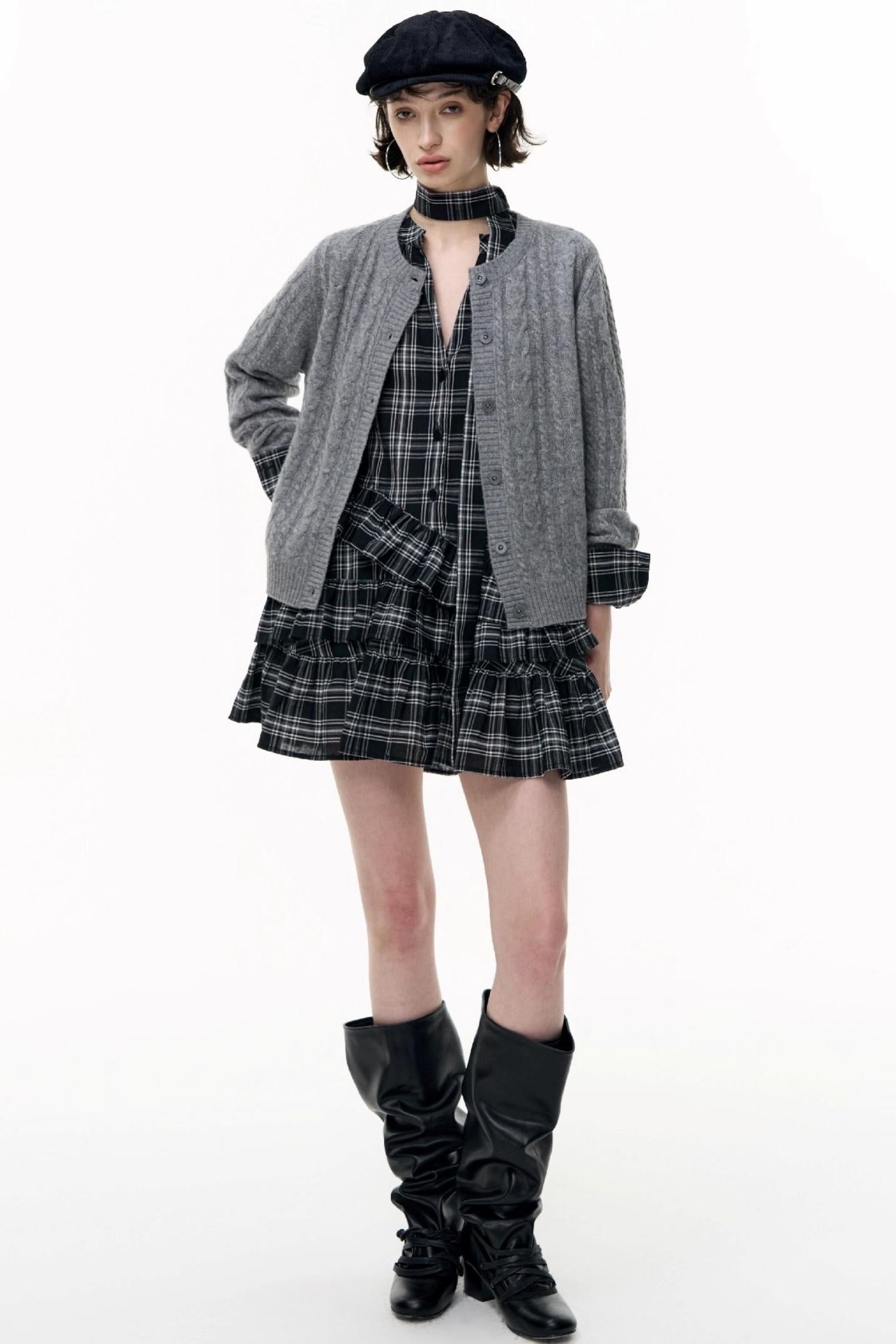 Plaid Ruffle Long Sleeve Shirt Dress