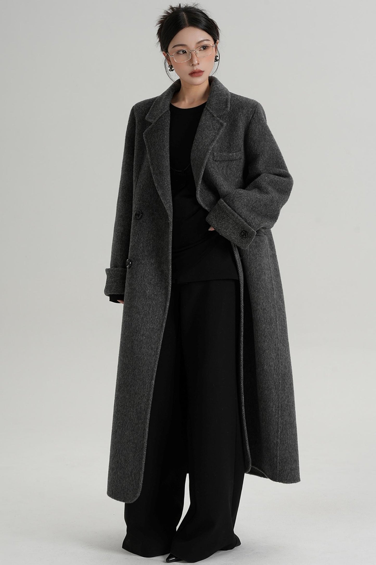 Turn-Sleeve Suit Collar Long Wool Coat
