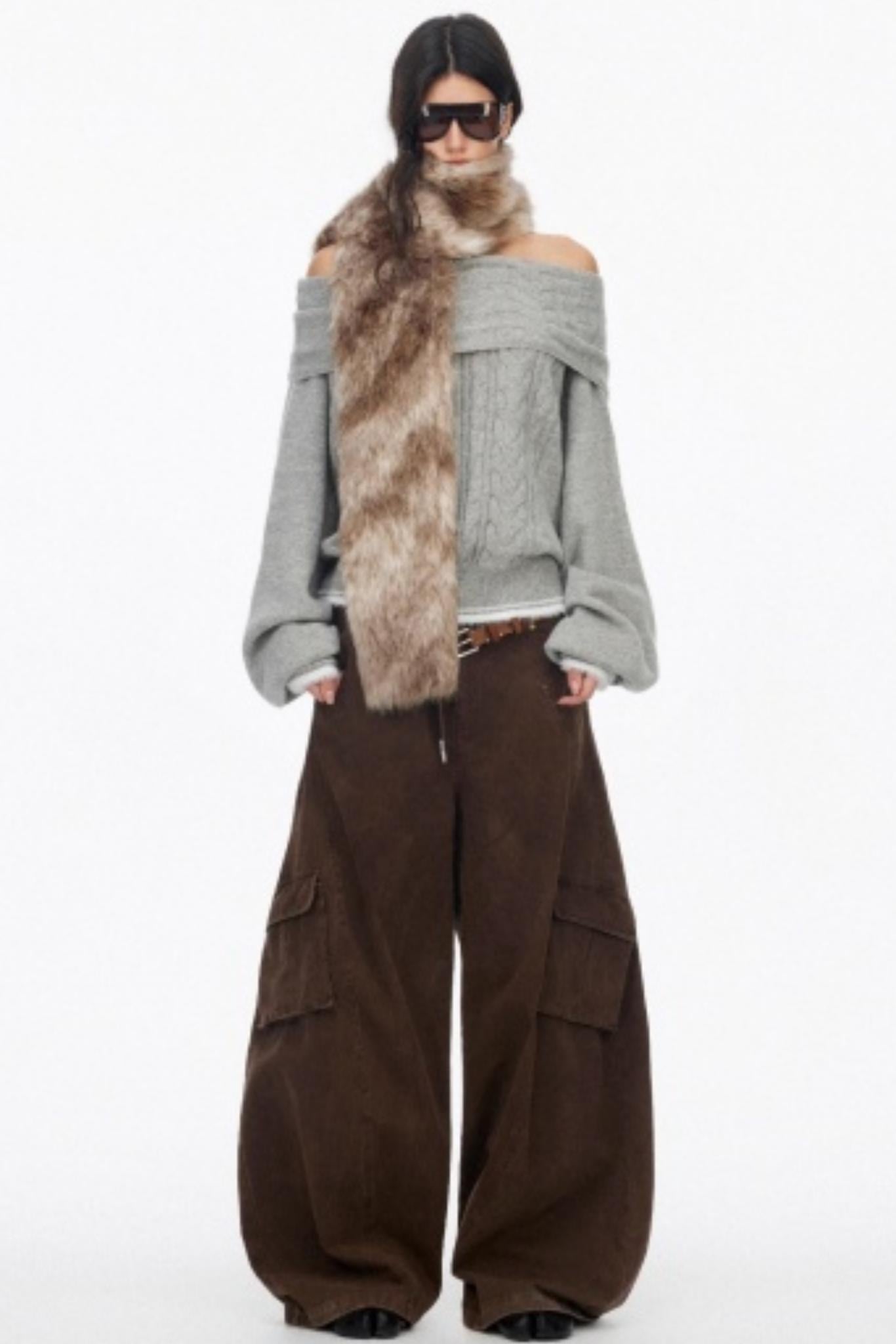 Off-Shoulder Color-Blocked Knit Sweater