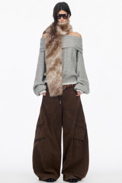 Off-Shoulder Color-Blocked Knit Sweater