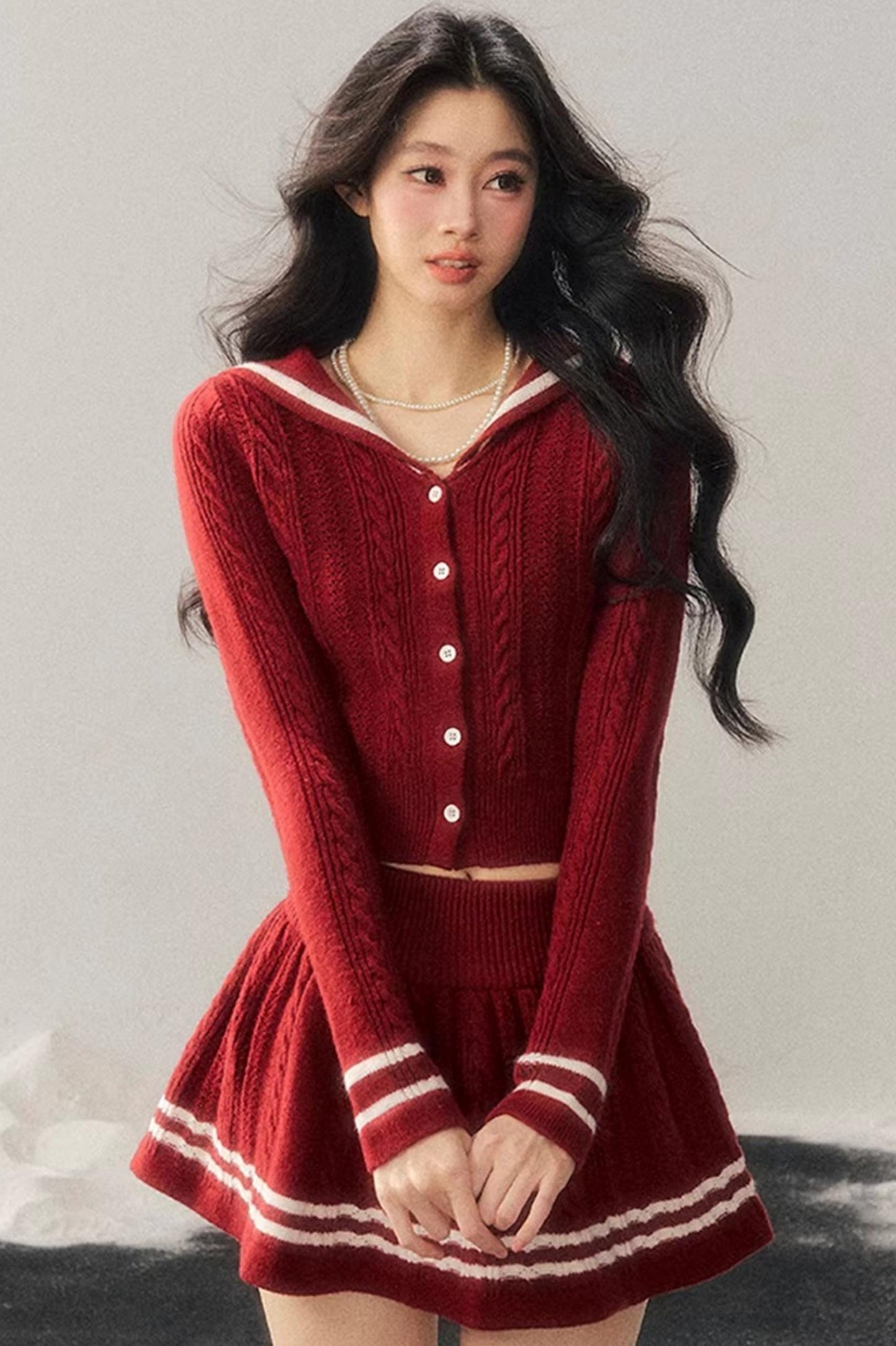 Red Evening Breeze Knitted Sweater Set-Up