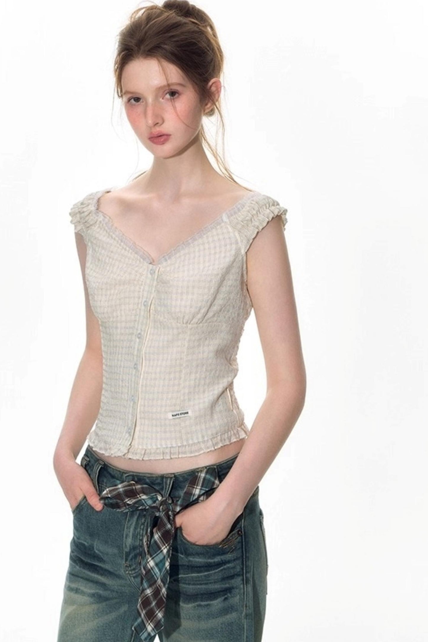 Checked Sleeveless One-Shoulder Shirt Set-Up