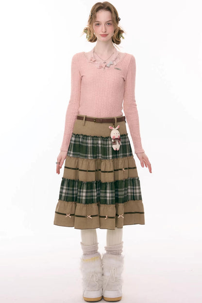 Patchwork Plaid Mid-Length Skirt