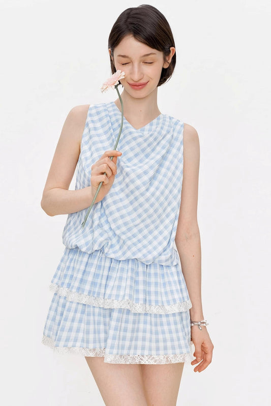 Blue Plaid Lace A-Line Dress
