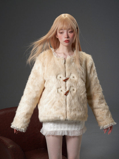 Horn-buckled turtleneck fur Coat