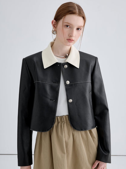 Retro color-blocked lapel short leather jacket