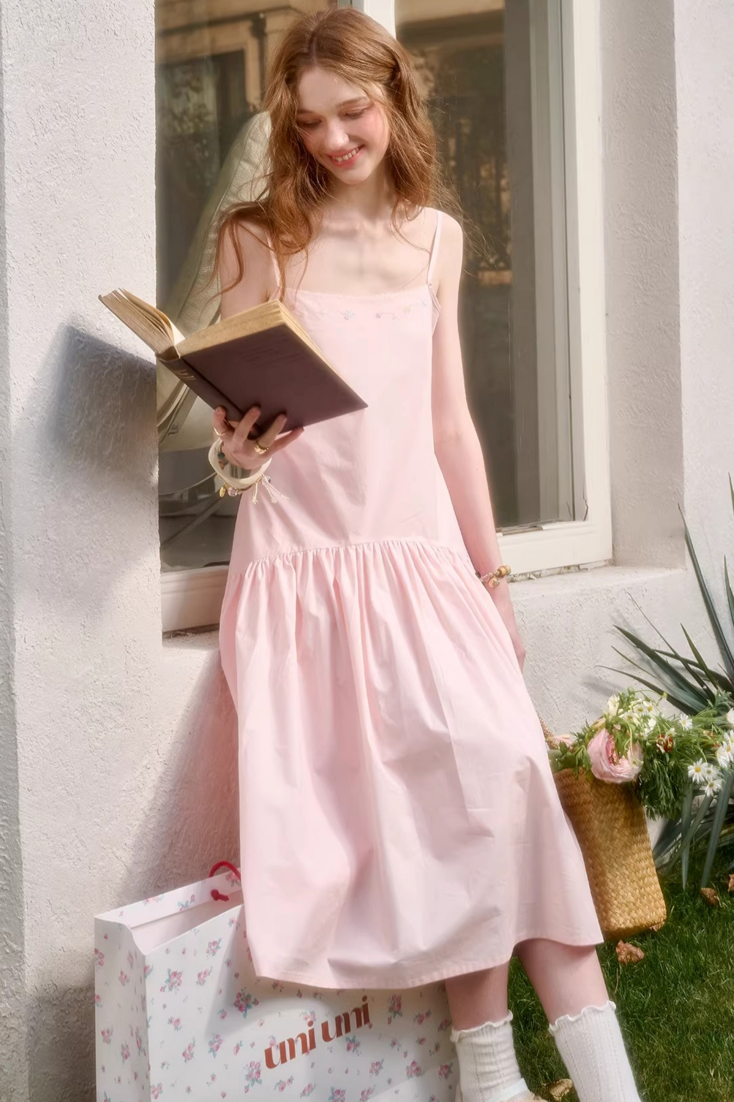 베이비 핑크 코튼 드레스 셋업