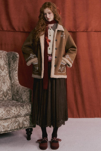 Embroidered Shearling Wool Jacket Set-Up
