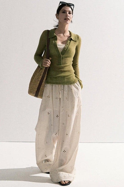 V-Neck Long Sleeve Wool Knit Top