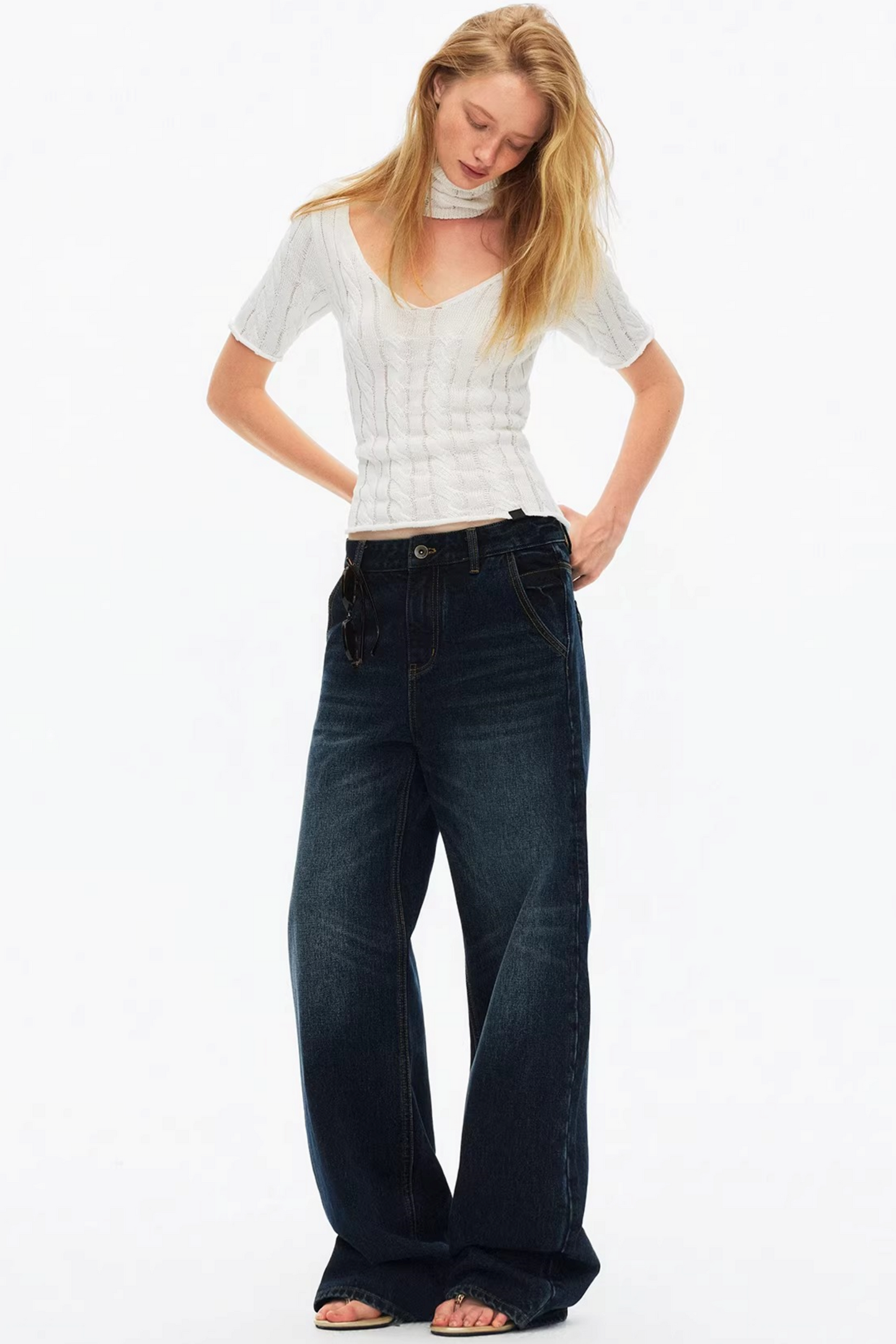 Hollow-Out Knit V-Neck Top