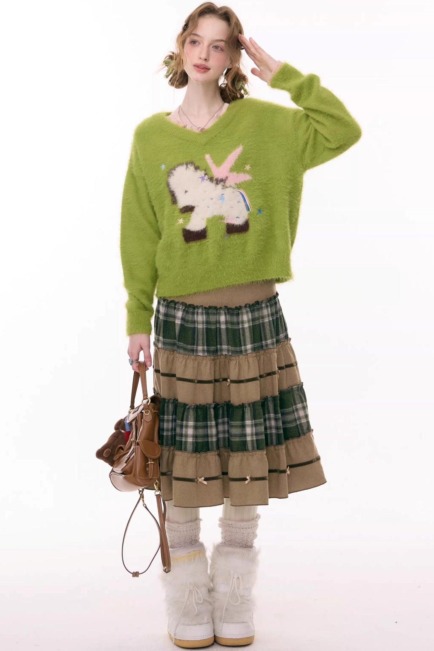 Patchwork Plaid Mid-Length Skirt