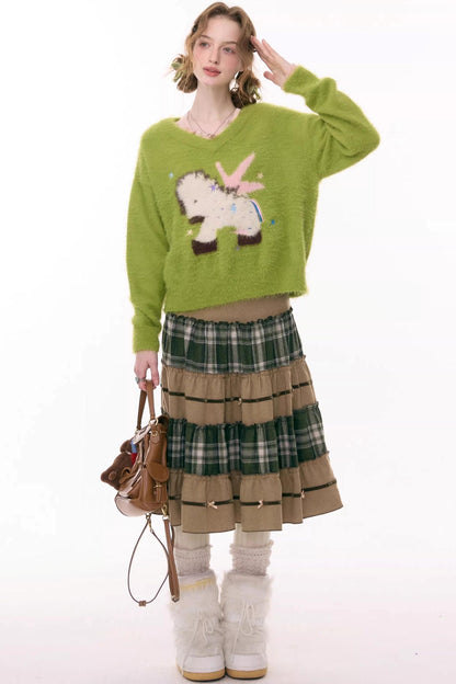 Patchwork Plaid Mid-Length Skirt