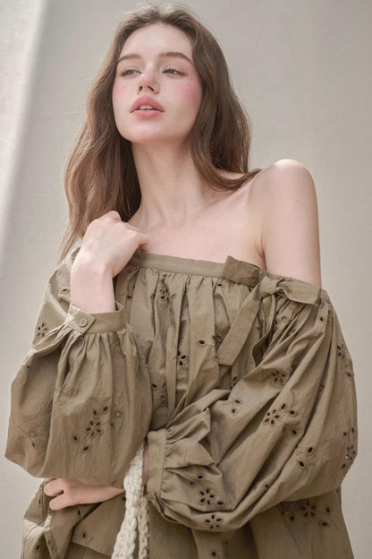 Embroidery Elegant Slanted Shoulder Skirt Set-Up