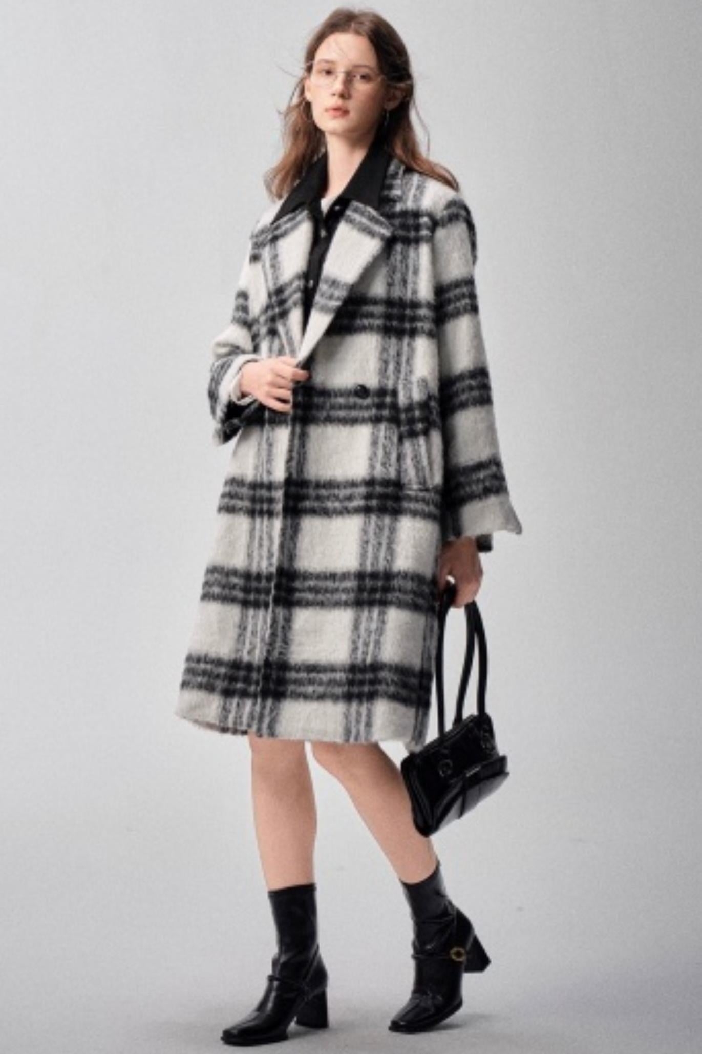 Black & White Plaid High-End Woolen Coat
