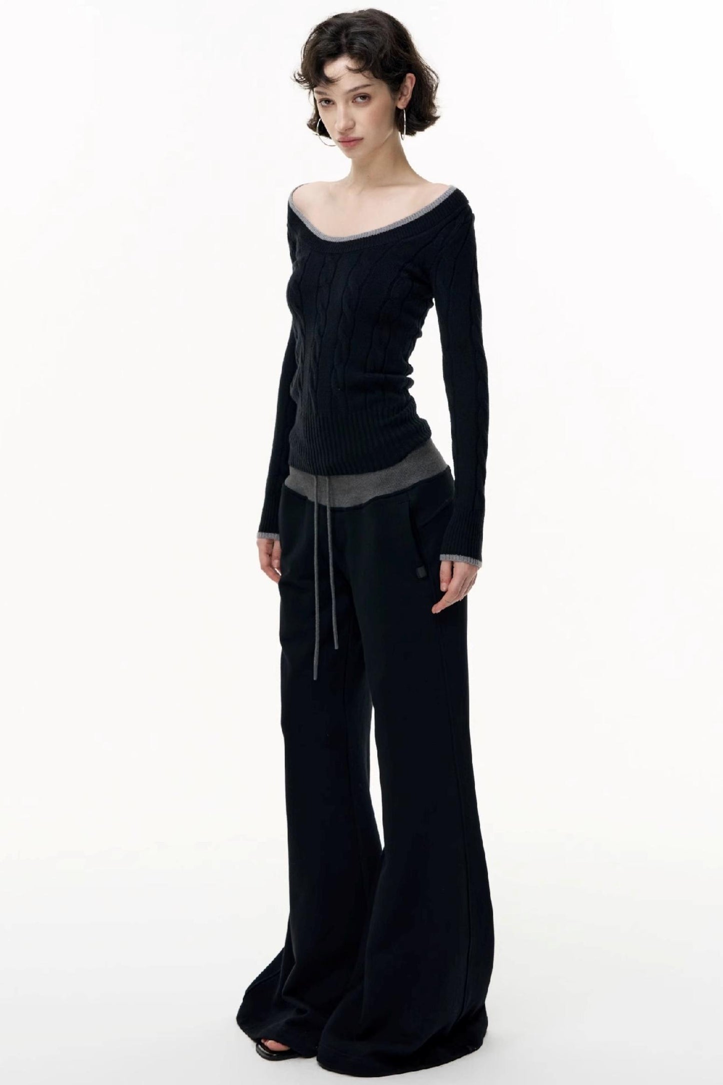 Drawstring Cotton Flared Sweatshirt Slacks