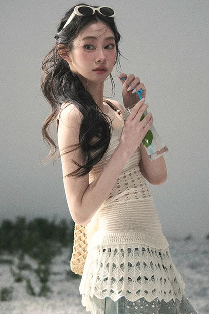 Französisches Strick-Hollow-Out-Unterhemd