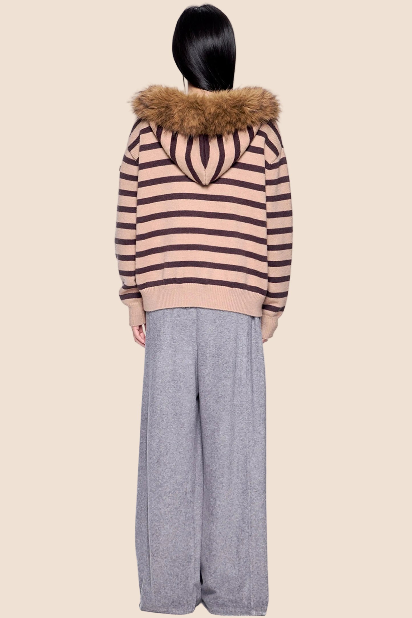 Fur Collar Striped Knit Cardigan