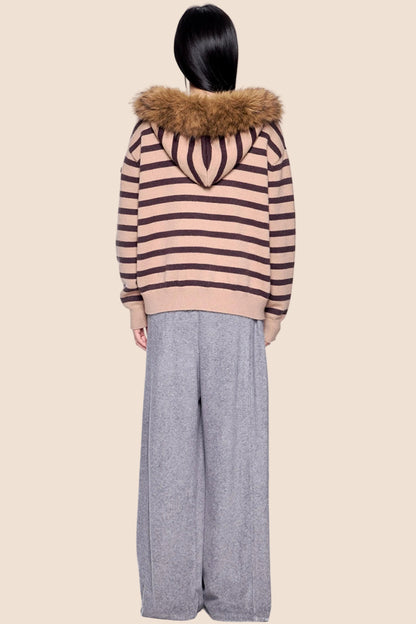 Fur Collar Striped Knit Cardigan